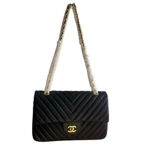 Inspired Vegan Leather Black Chevron Bag With Flap New